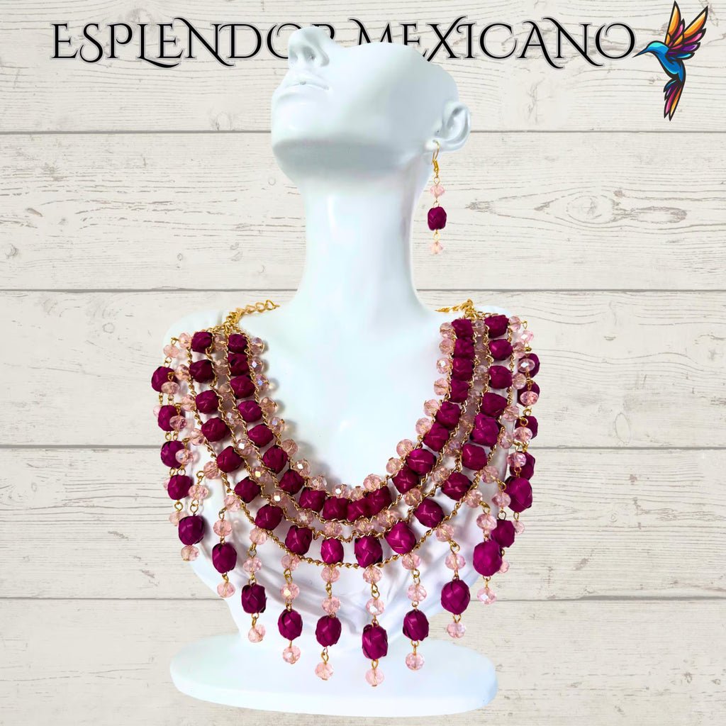 🩷 Pink Statement Necklace Set – Hand-Painted Palm & Beads