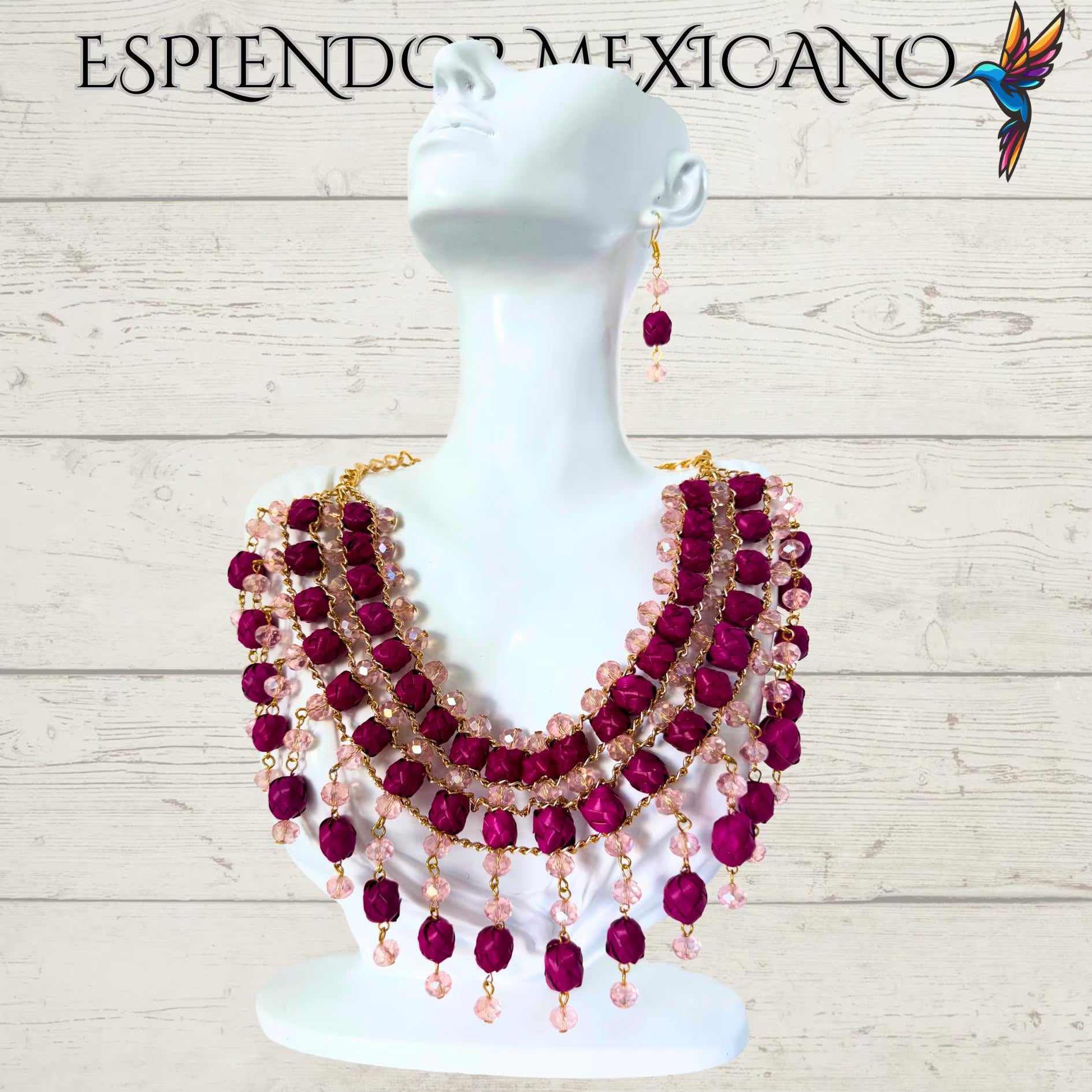 🩷 Pink Statement Necklace Set – Hand-Painted Palm & Beads