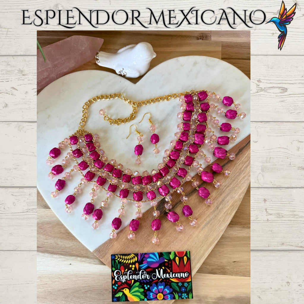 🩷 Pink Statement Necklace Set – Hand-Painted Palm & Beads