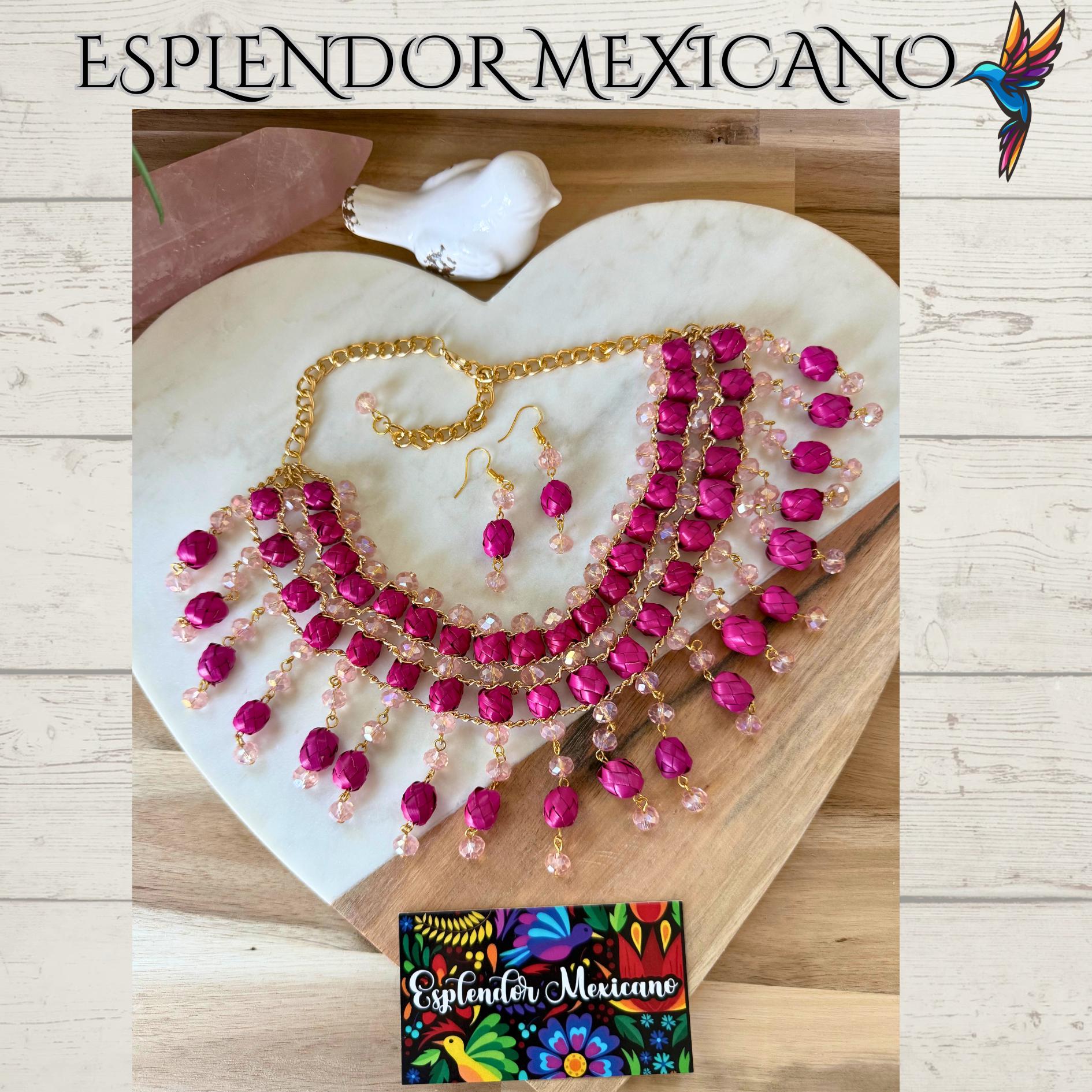🩷 Pink Statement Necklace Set – Hand-Painted Palm & Beads