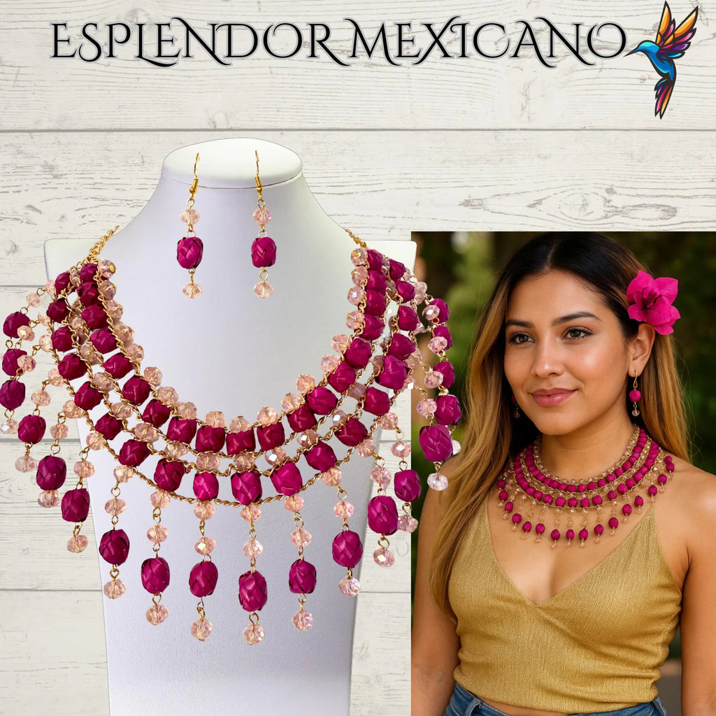 🩷 Pink Statement Necklace Set – Hand-Painted Palm & Beads