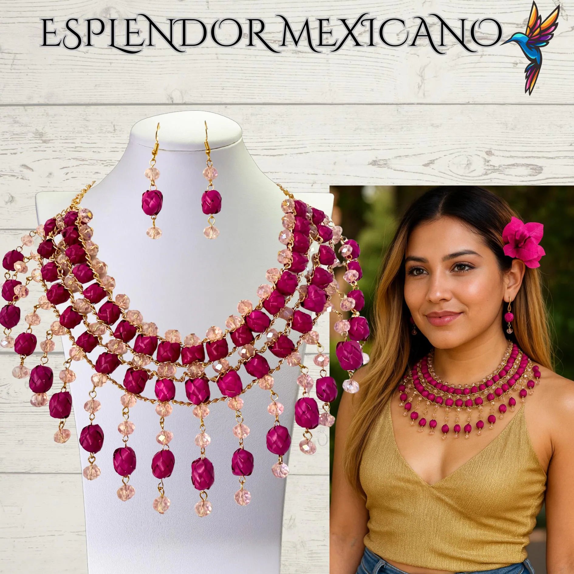 🩷 Pink Statement Necklace Set – Hand-Painted Palm & Beads