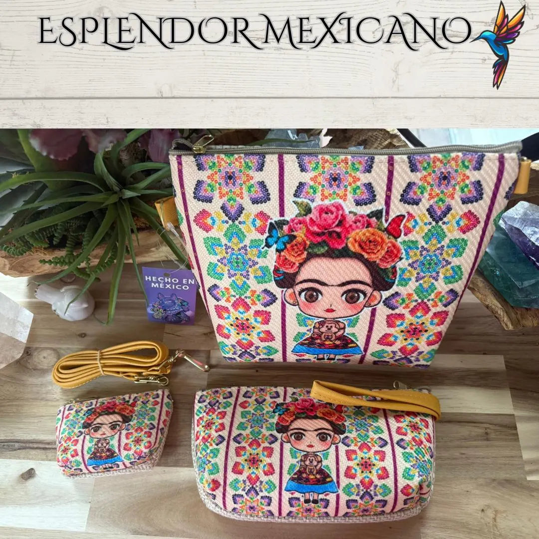 🎨 Handmade Frida Kahlo 3-in-1 Bag Set Crafted in Guadalajara, Mexico