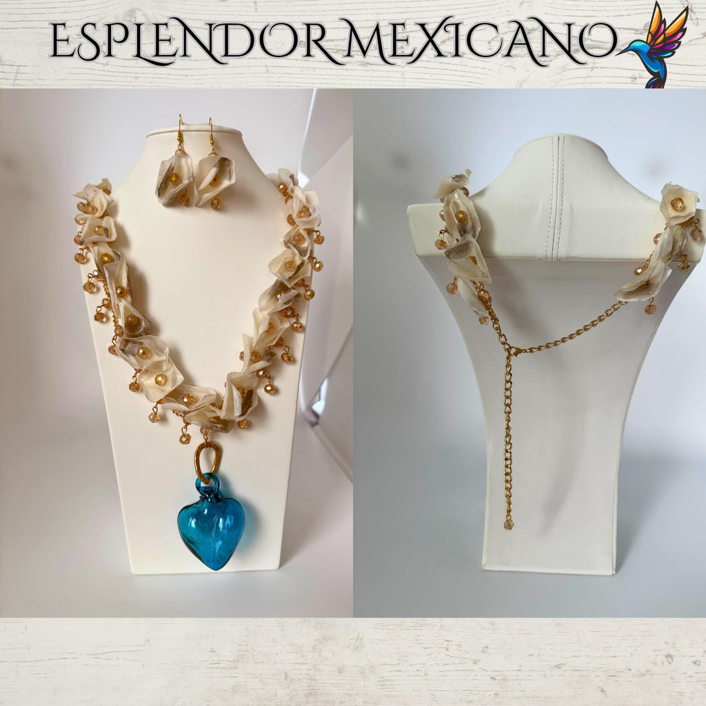 💖 Fish Scale Necklace Set with Handblown Glass Heart