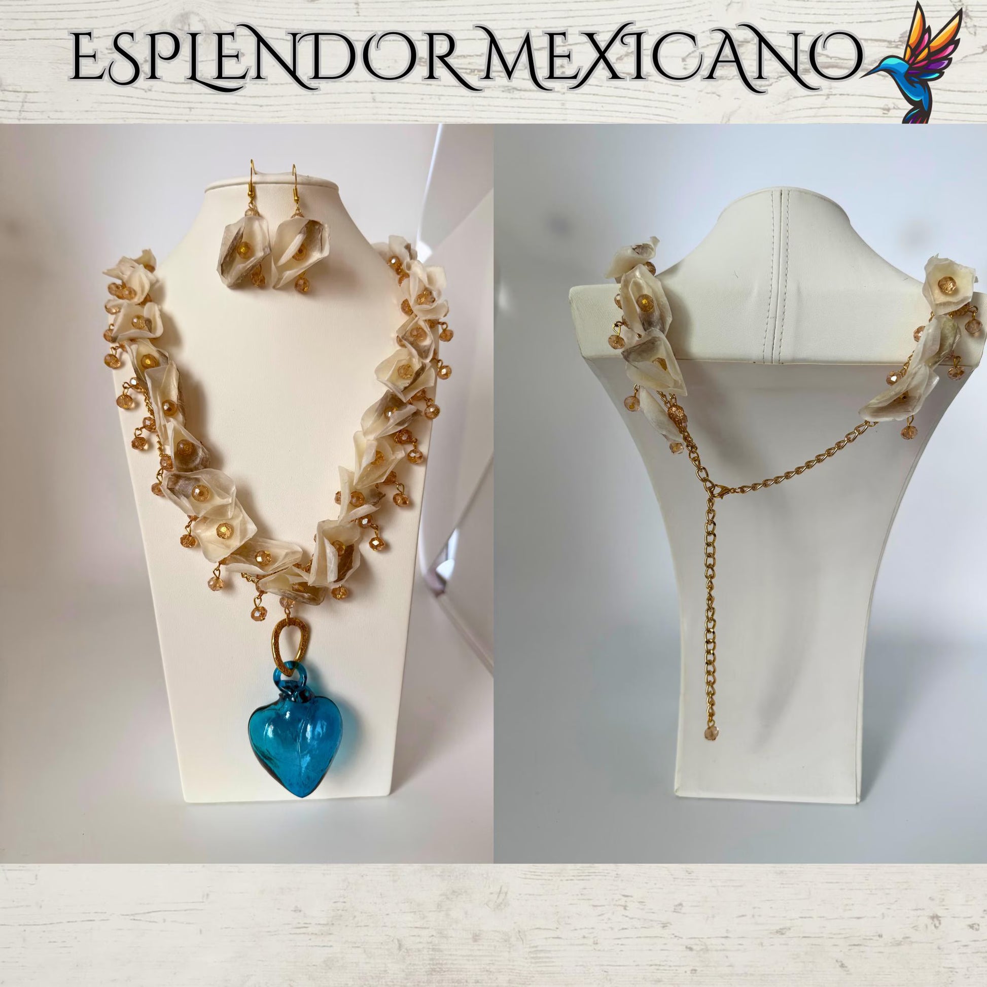 💖 Fish Scale Necklace Set with Handblown Glass Heart