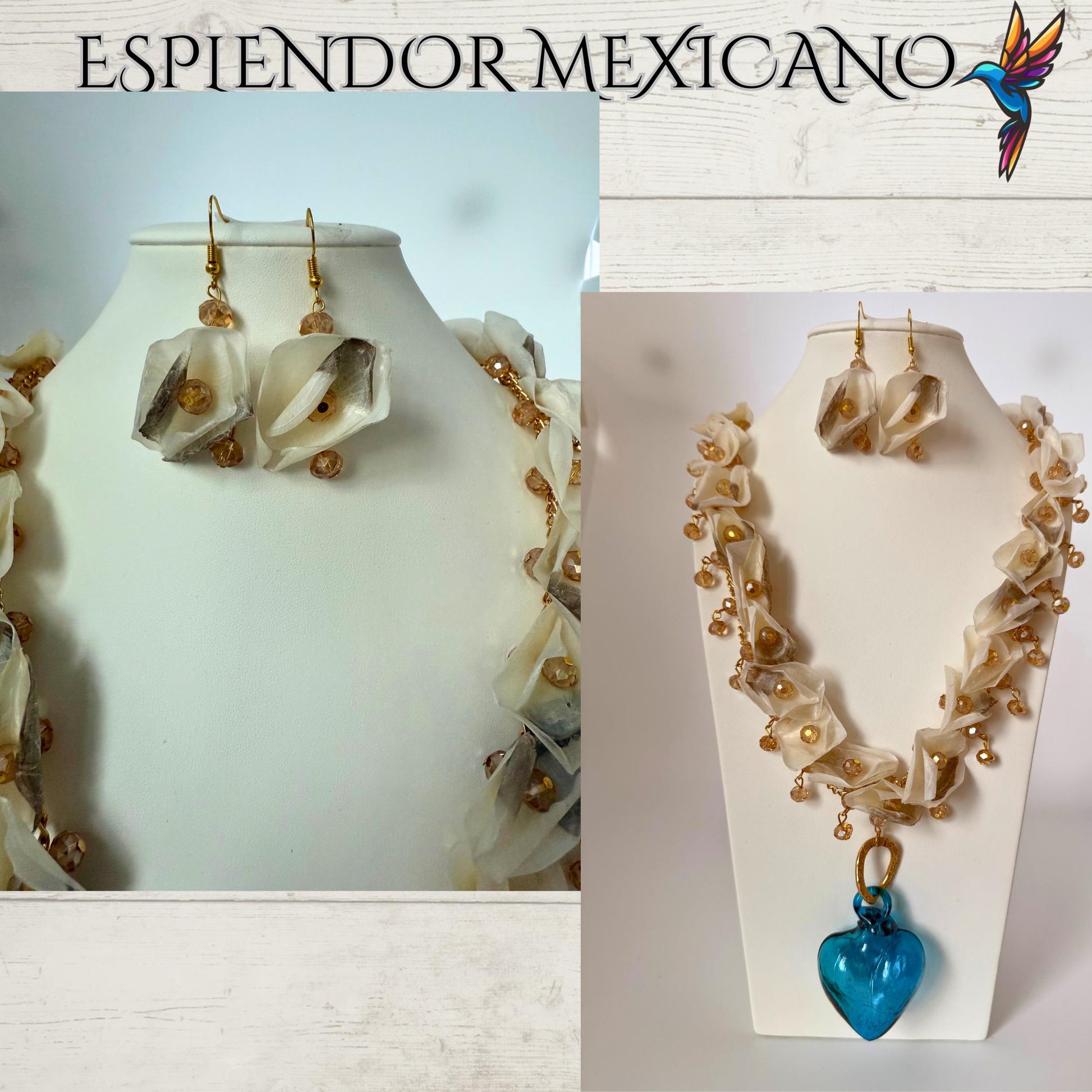 💖 Fish Scale Necklace Set with Handblown Glass Heart
