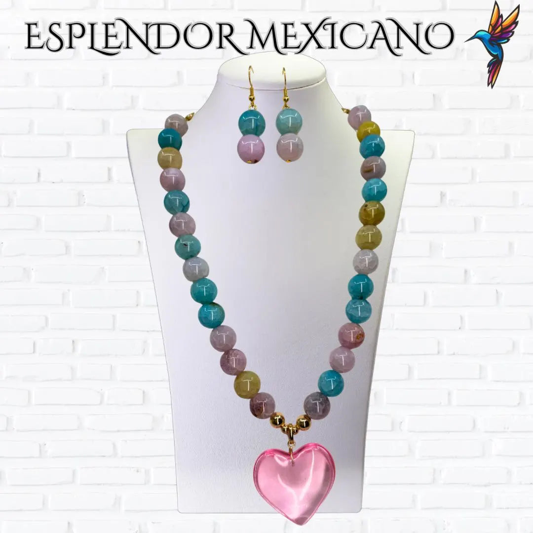 💙🩷 Multi-Agate Heart Necklace Set
