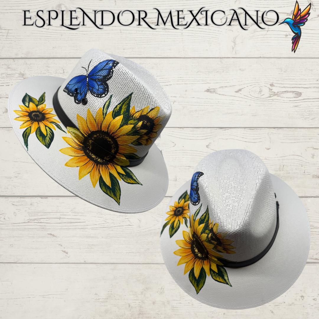 Mexican Handmade Authentic Hand Painted Canvas Hat/Hand painted Floral design/ Sombrero hecho en Mexico/Made by Artisans/Flower Bird Hat