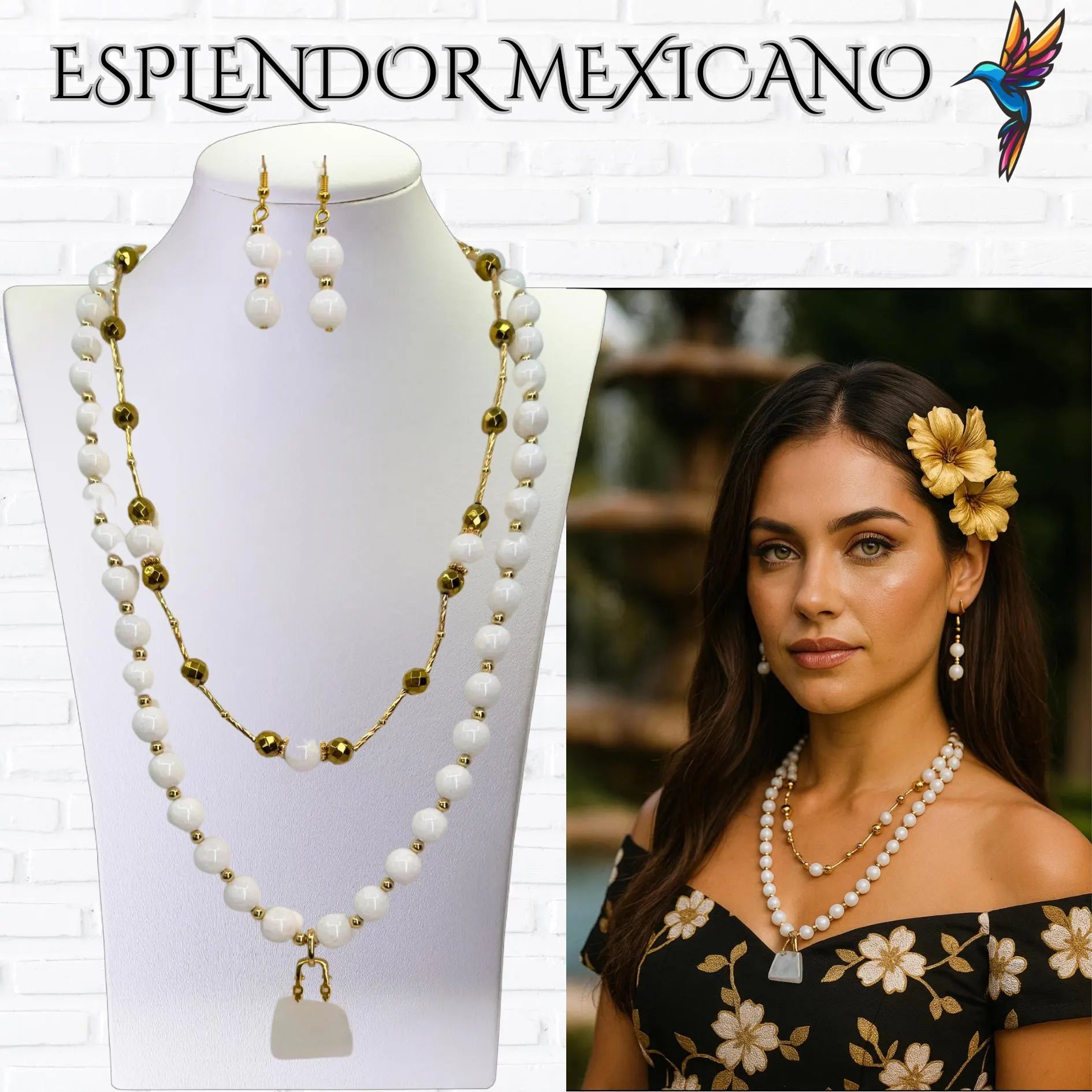Mexican handmade White Jade Necklace Set/Natural Stone Healing Crystal Spiritual Protection Gift/ Beaded Stone Necklace/Health benefit stone