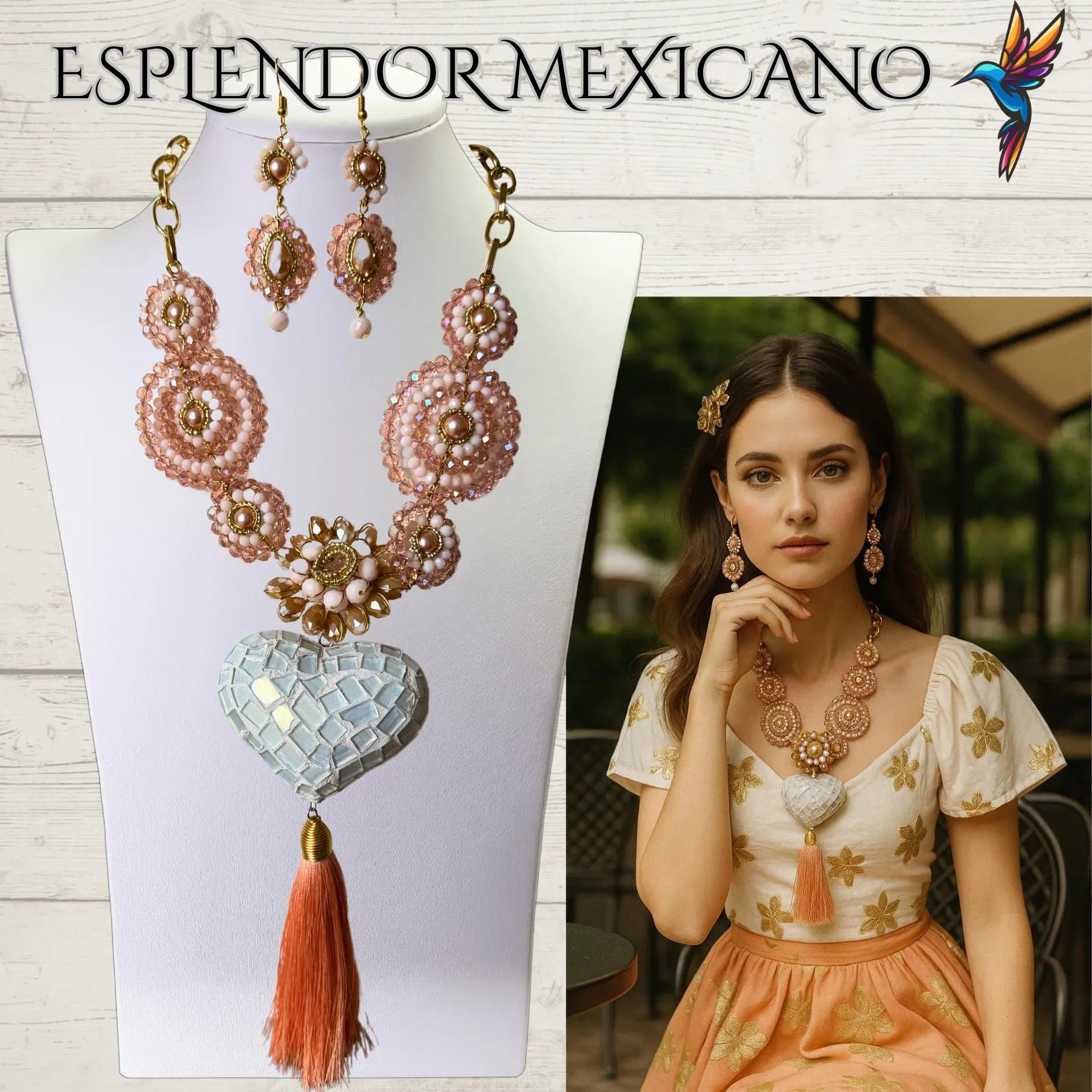 🧡 Melon-Toned Beaded Necklace Set with Clay Heart Pendant