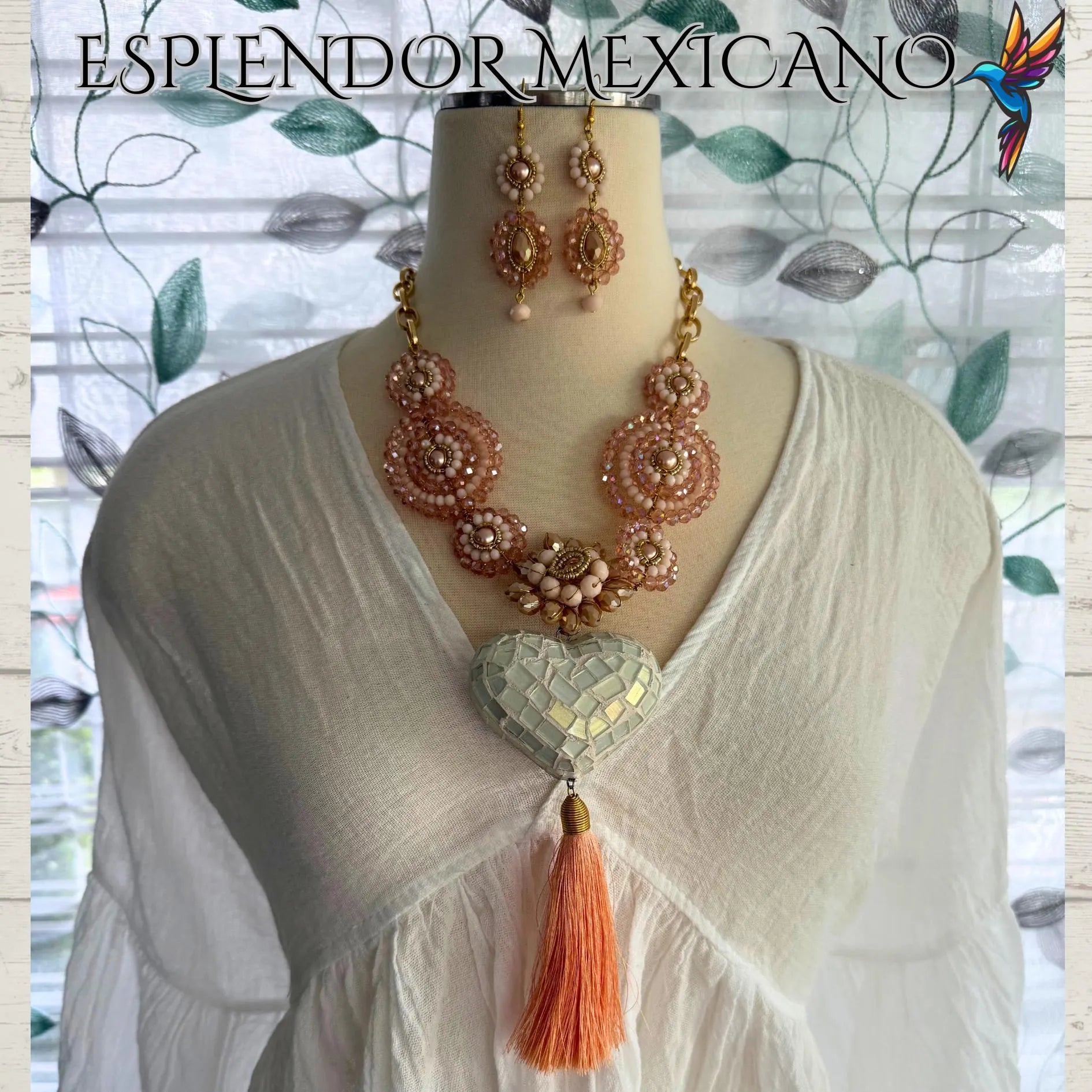 🧡 Melon-Toned Beaded Necklace Set with Clay Heart Pendant