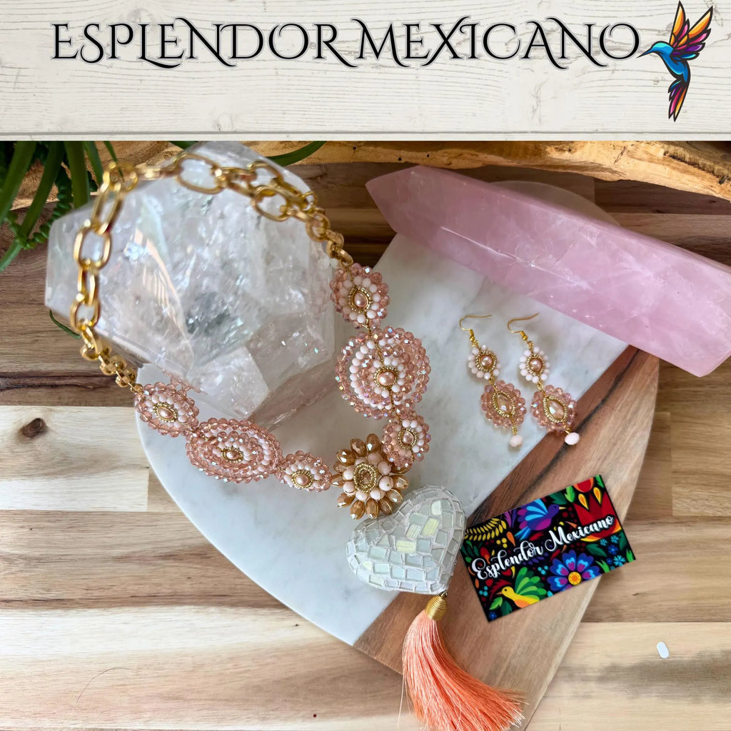 🧡 Melon-Toned Beaded Necklace Set with Clay Heart Pendant
