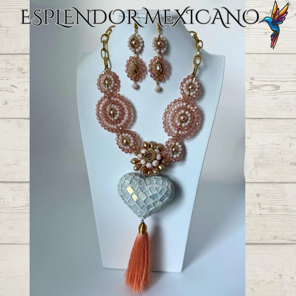 🧡 Melon-Toned Beaded Necklace Set with Clay Heart Pendant