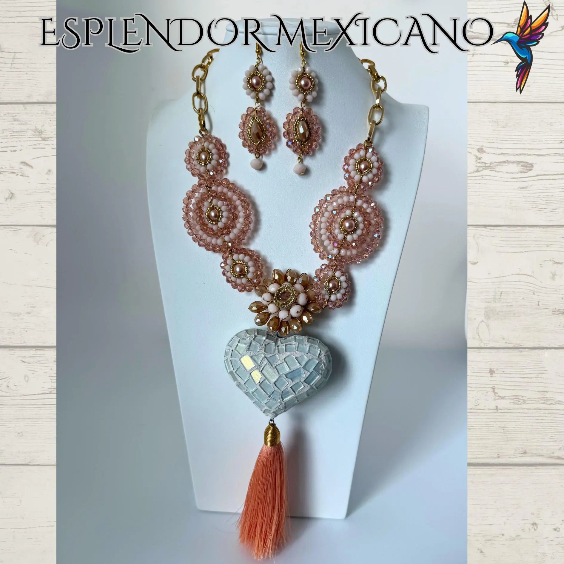 🧡 Melon-Toned Beaded Necklace Set with Clay Heart Pendant
