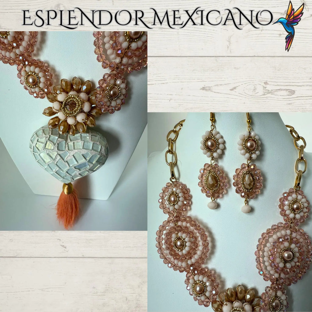 🧡 Melon-Toned Beaded Necklace Set with Clay Heart Pendant