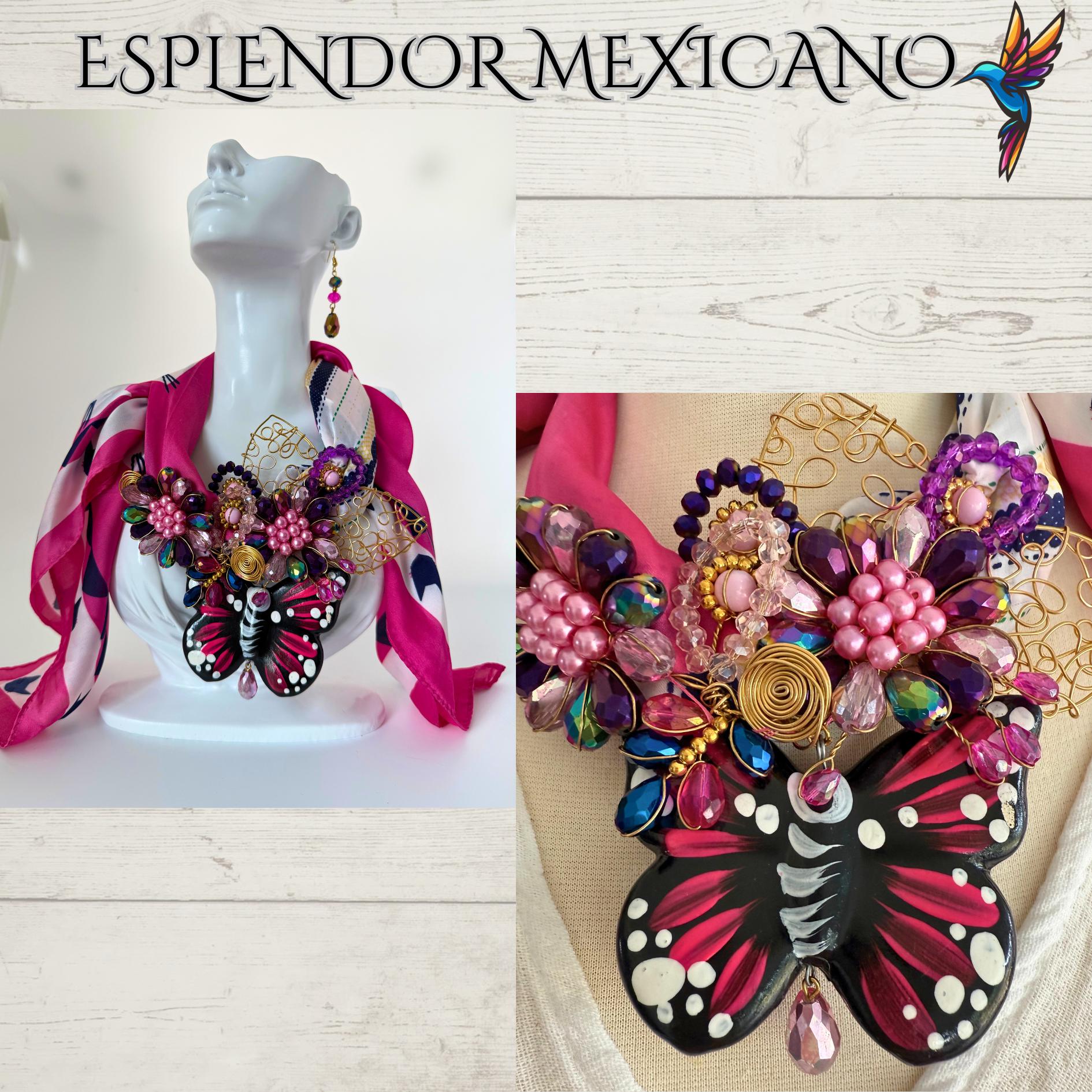 🩷 Handcrafted Beaded Scarf Set with Ceramic Butterfly Pendant