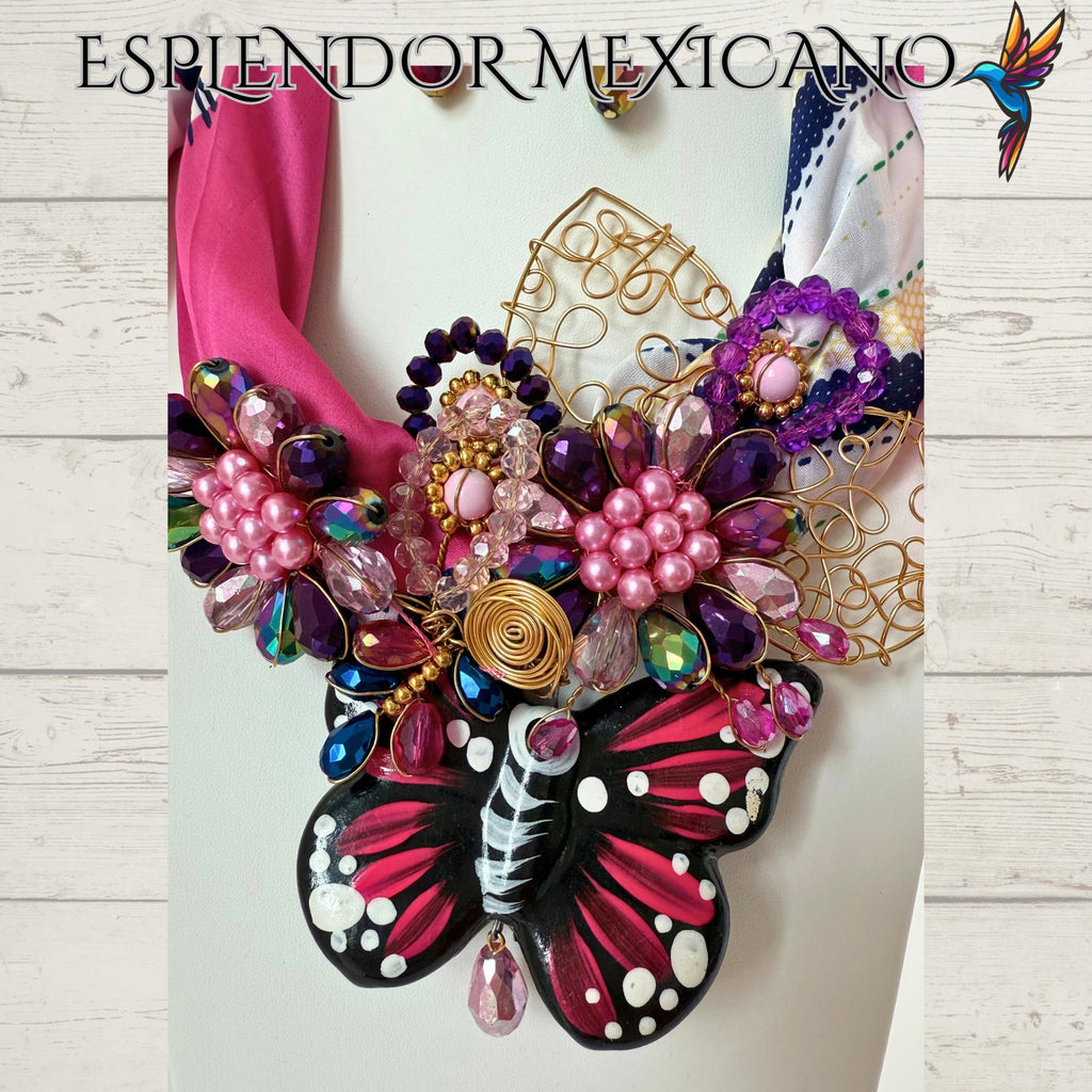 🩷 Handcrafted Beaded Scarf Set with Ceramic Butterfly Pendant