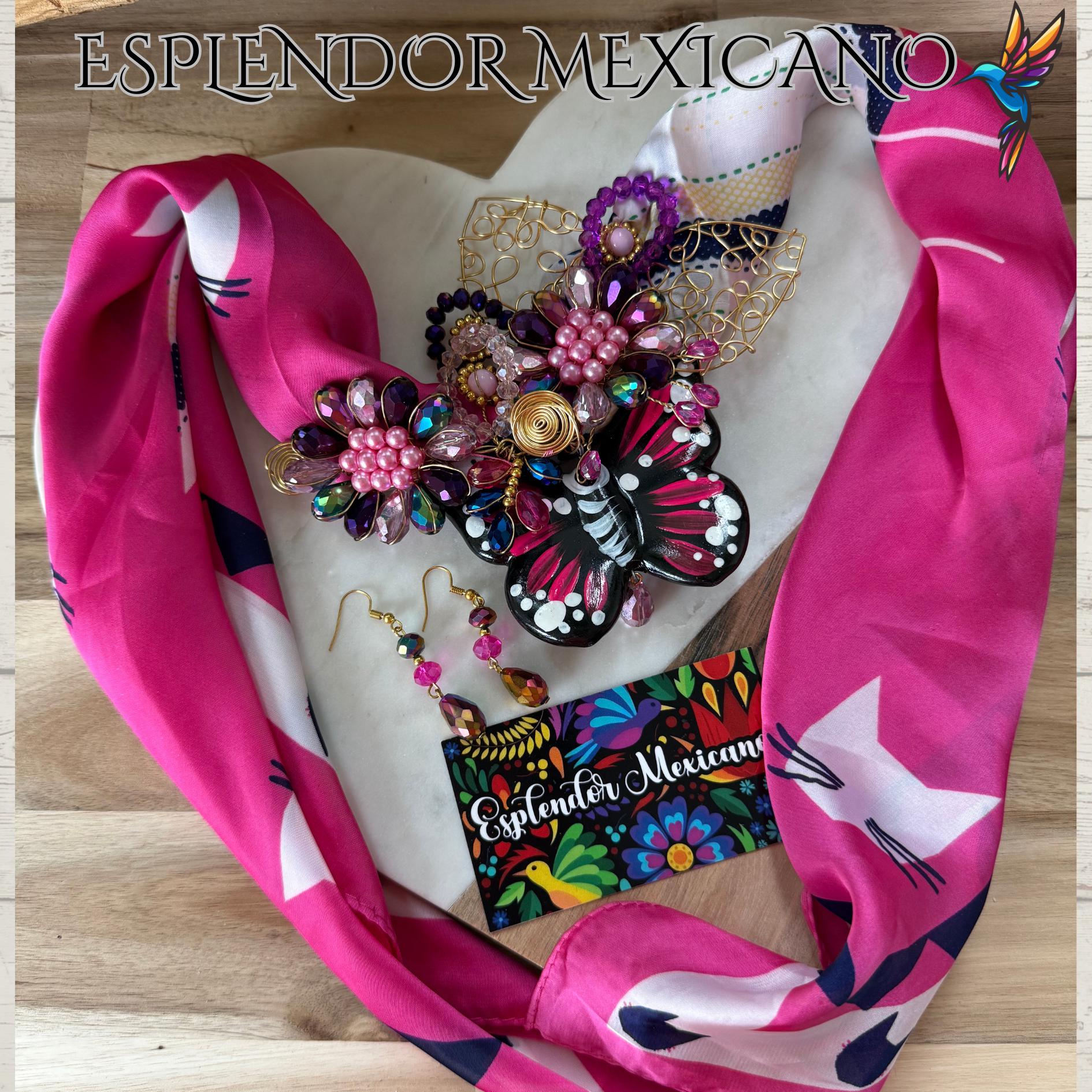 🩷 Handcrafted Beaded Scarf Set with Ceramic Butterfly Pendant