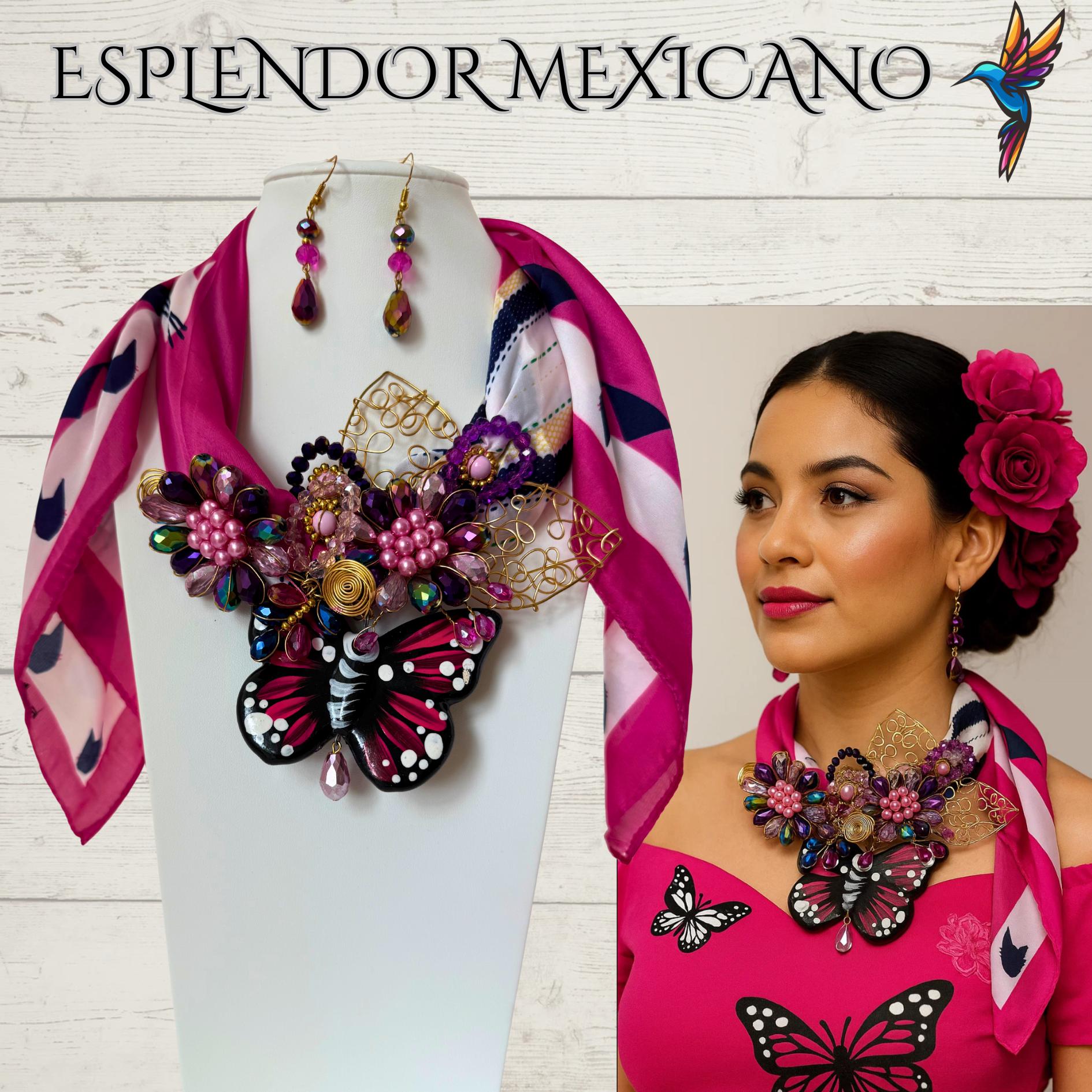 🩷 Handcrafted Beaded Scarf Set with Ceramic Butterfly Pendant