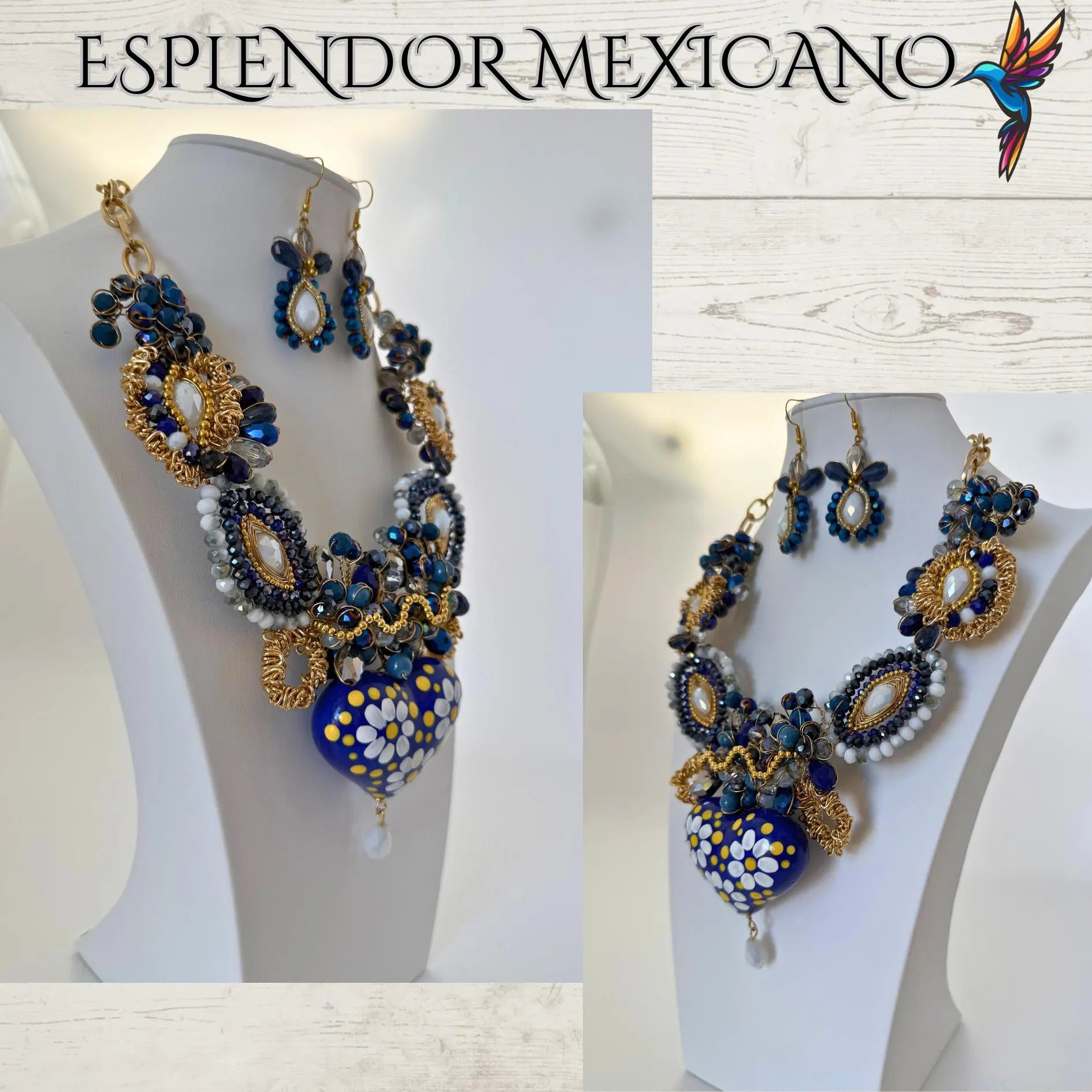 Mexican handmade Beaded Necklace Set with hand painted Ceramic Heart/Artisan Made/Boho/Made in Mexico/Collar de Alambrismo con Corazón