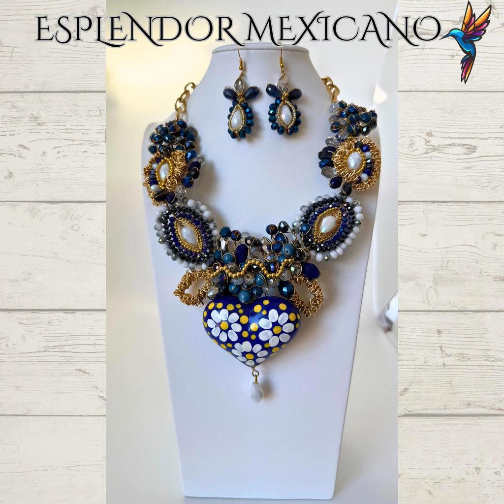 Mexican handmade Beaded Necklace Set with hand painted Ceramic Heart/Artisan Made/Boho/Made in Mexico/Collar de Alambrismo con Corazón