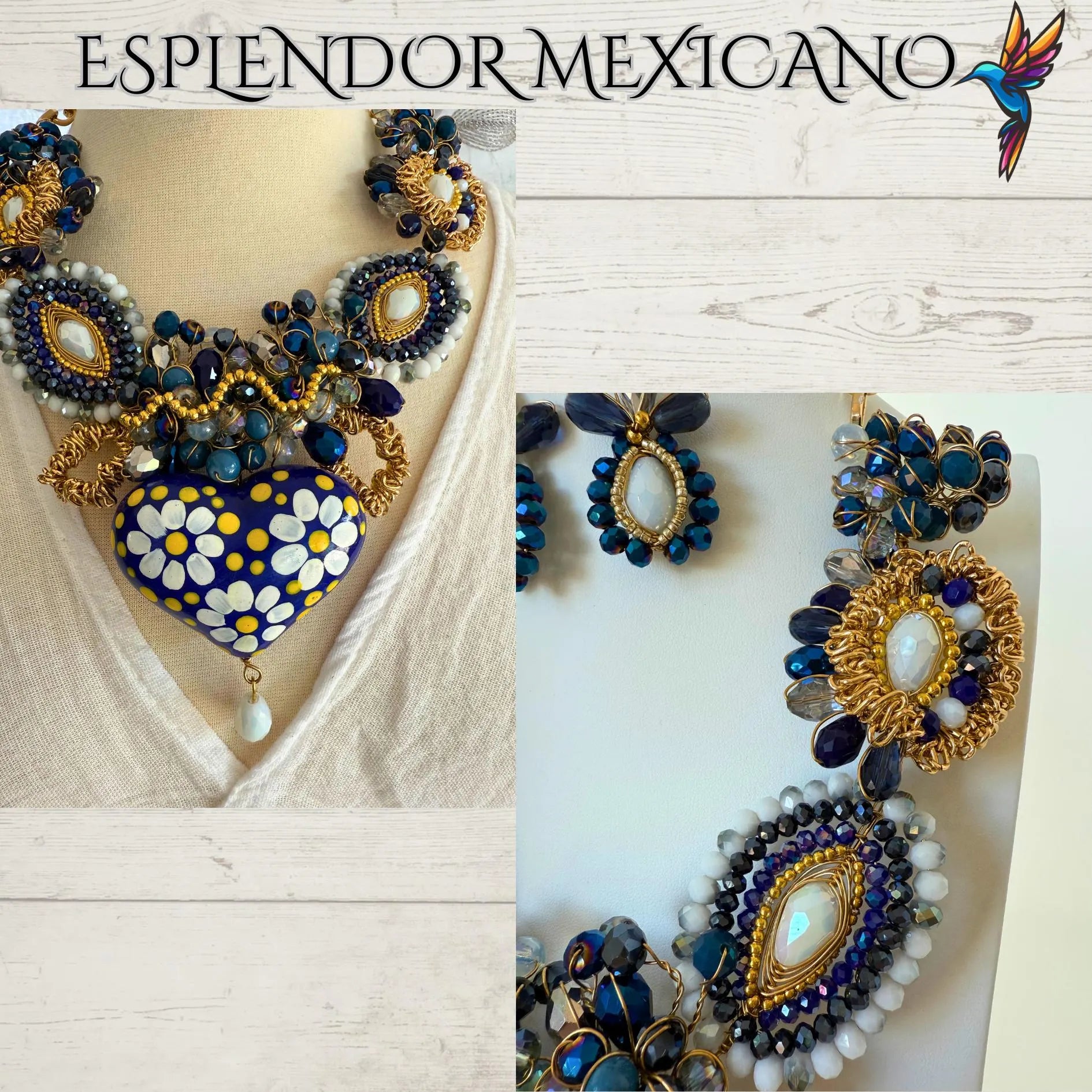Mexican handmade Beaded Necklace Set with hand painted Ceramic Heart/Artisan Made/Boho/Made in Mexico/Collar de Alambrismo con Corazón
