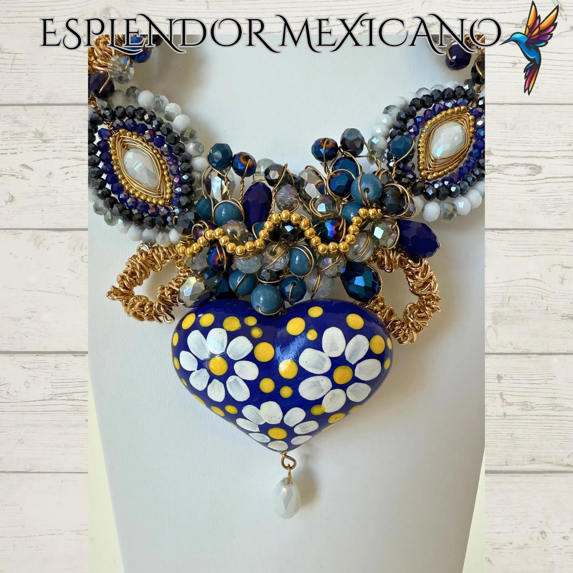 Mexican handmade Beaded Necklace Set with hand painted Ceramic Heart/Artisan Made/Boho/Made in Mexico/Collar de Alambrismo con Corazón