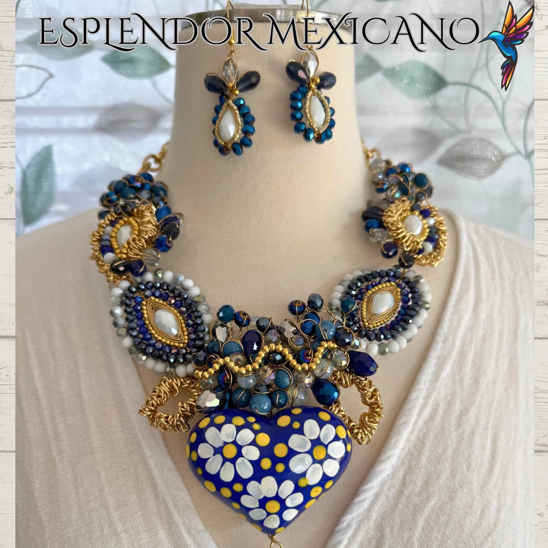 Mexican handmade Beaded Necklace Set with hand painted Ceramic Heart/Artisan Made/Boho/Made in Mexico/Collar de Alambrismo con Corazón