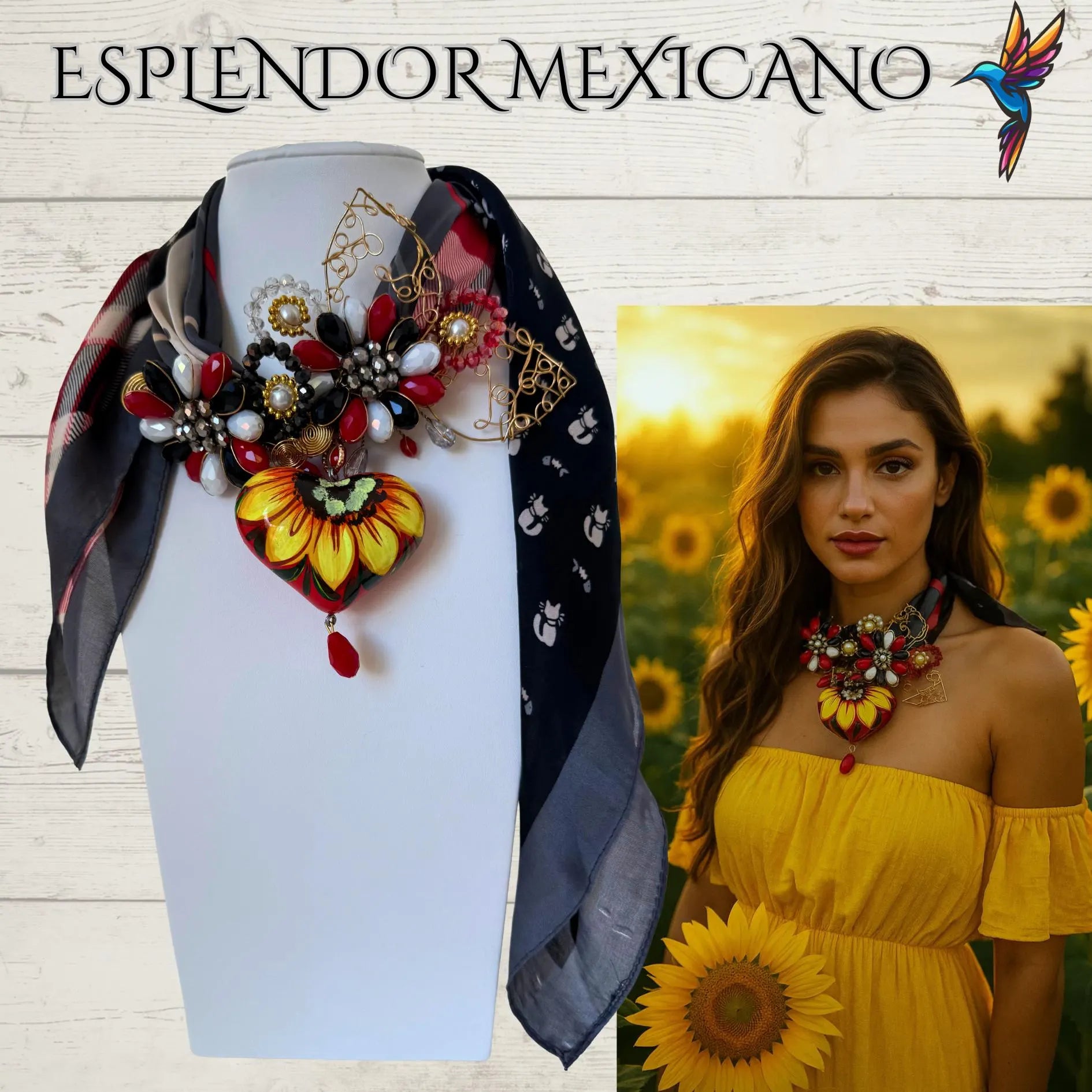 🌻 Handcrafted Sunflower Scarf Necklace – Beaded & Elegant