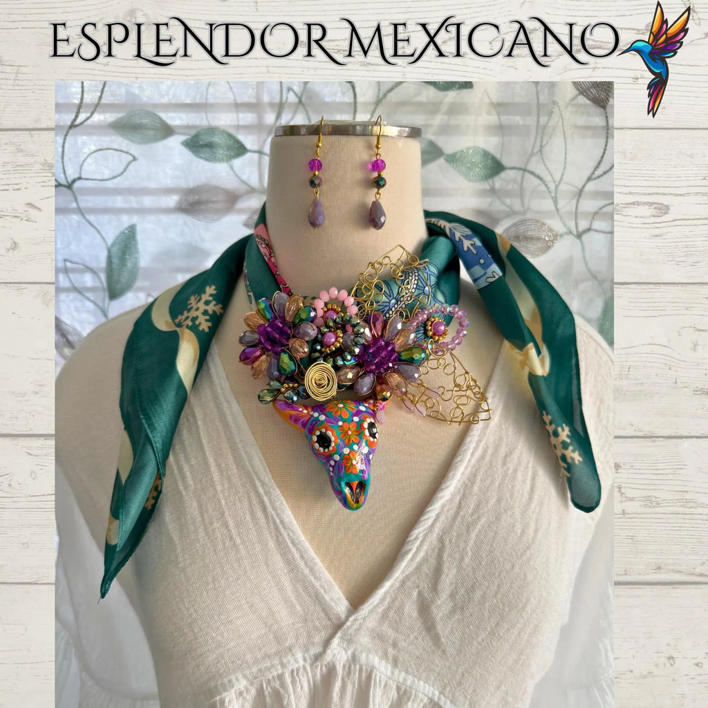 Mexican handmade Beaded Scarf Necklace Set with ceramic hand painted Bull/Artisan Made/Boho/Made in Mexico/Handkerchief with Bull