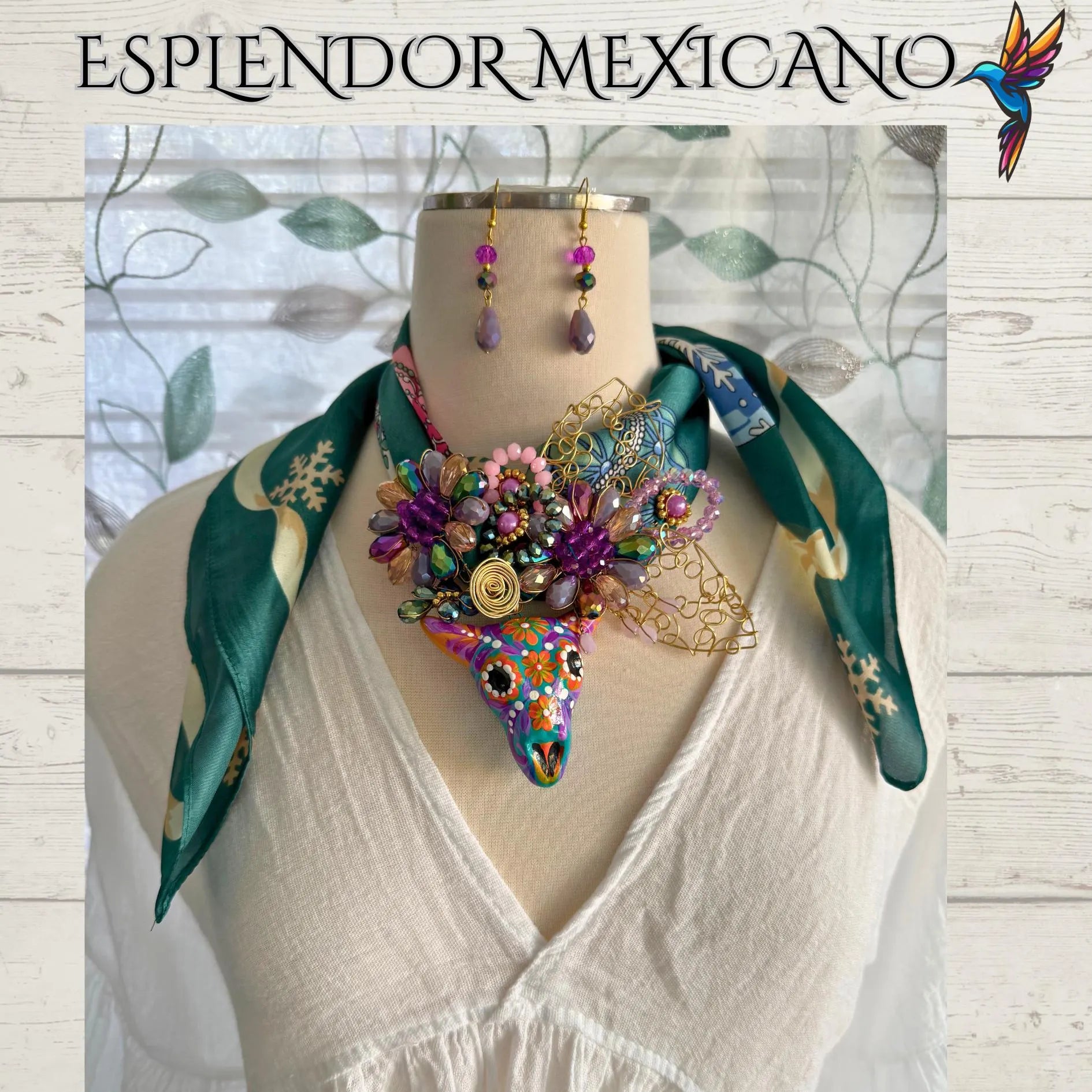 Mexican handmade Beaded Scarf Necklace Set with ceramic hand painted Bull/Artisan Made/Boho/Made in Mexico/Handkerchief with Bull