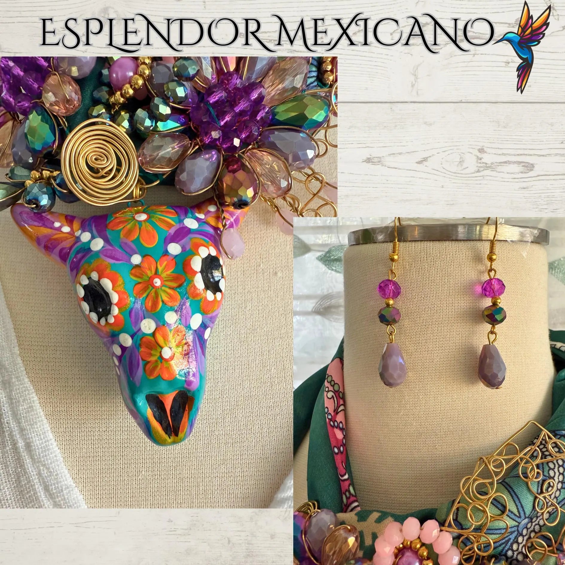 Mexican handmade Beaded Scarf Necklace Set with ceramic hand painted Bull/Artisan Made/Boho/Made in Mexico/Handkerchief with Bull