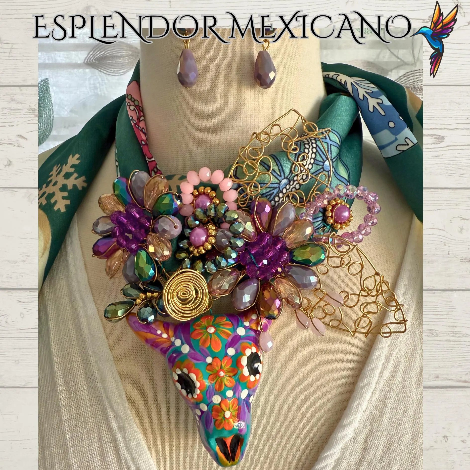 Mexican handmade Beaded Scarf Necklace Set with ceramic hand painted Bull/Artisan Made/Boho/Made in Mexico/Handkerchief with Bull