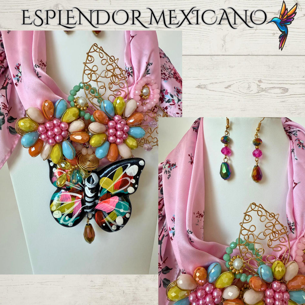🩷🦋 Handmade Butterfly Scarf Necklace Set – Elegant & Heartfelt