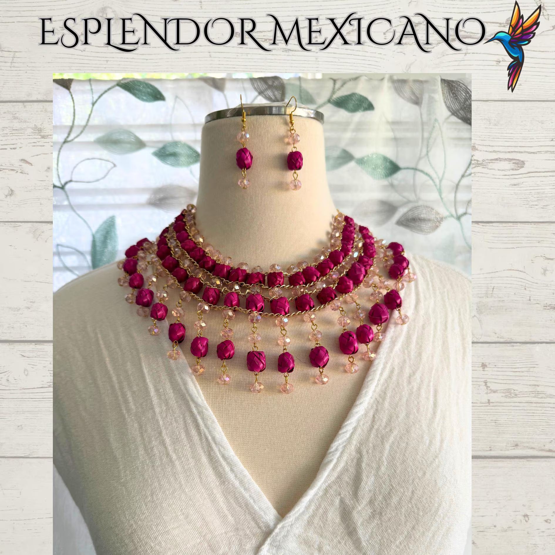 🩷 Pink Statement Necklace Set – Hand-Painted Palm & Beads