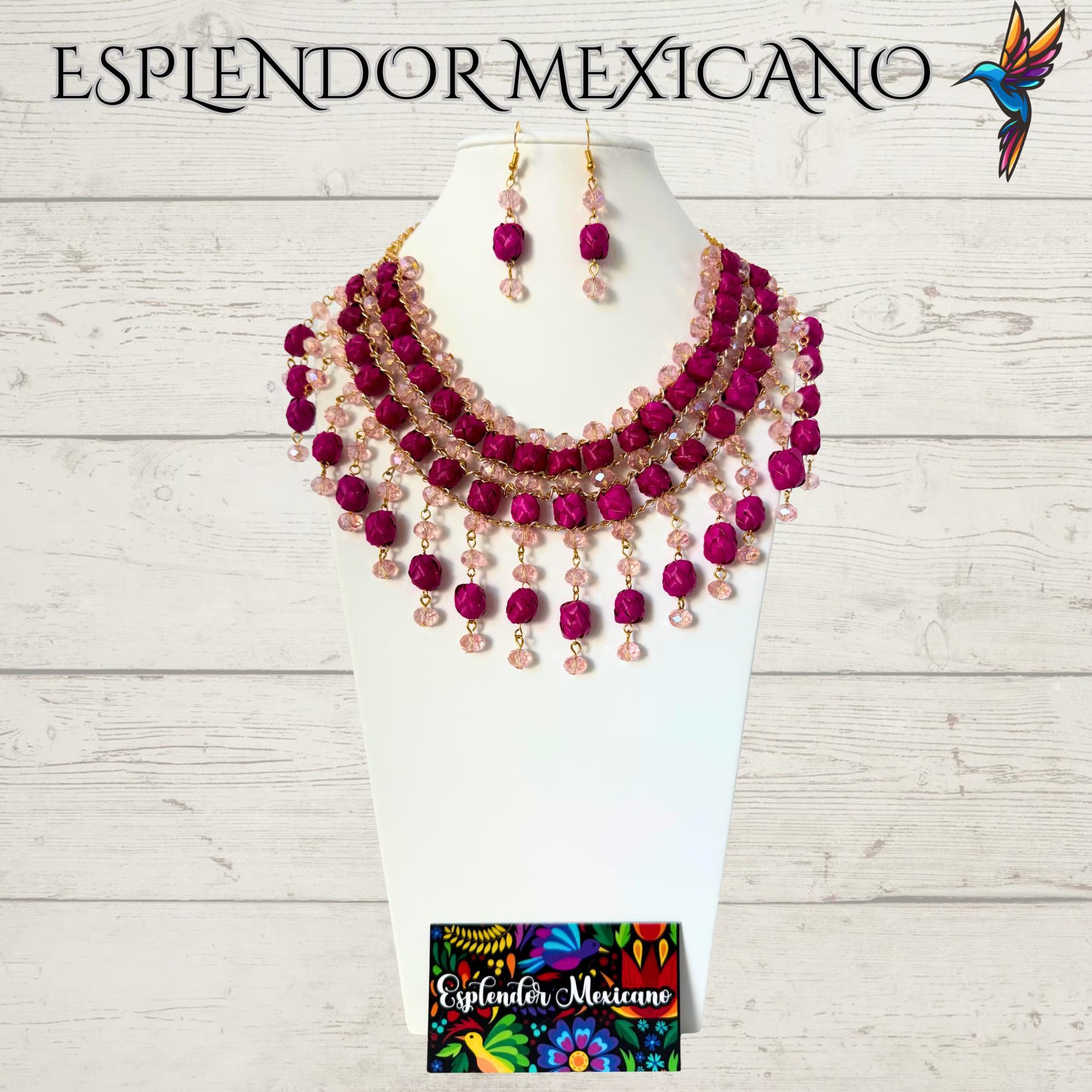 🩷 Pink Statement Necklace Set – Hand-Painted Palm & Beads