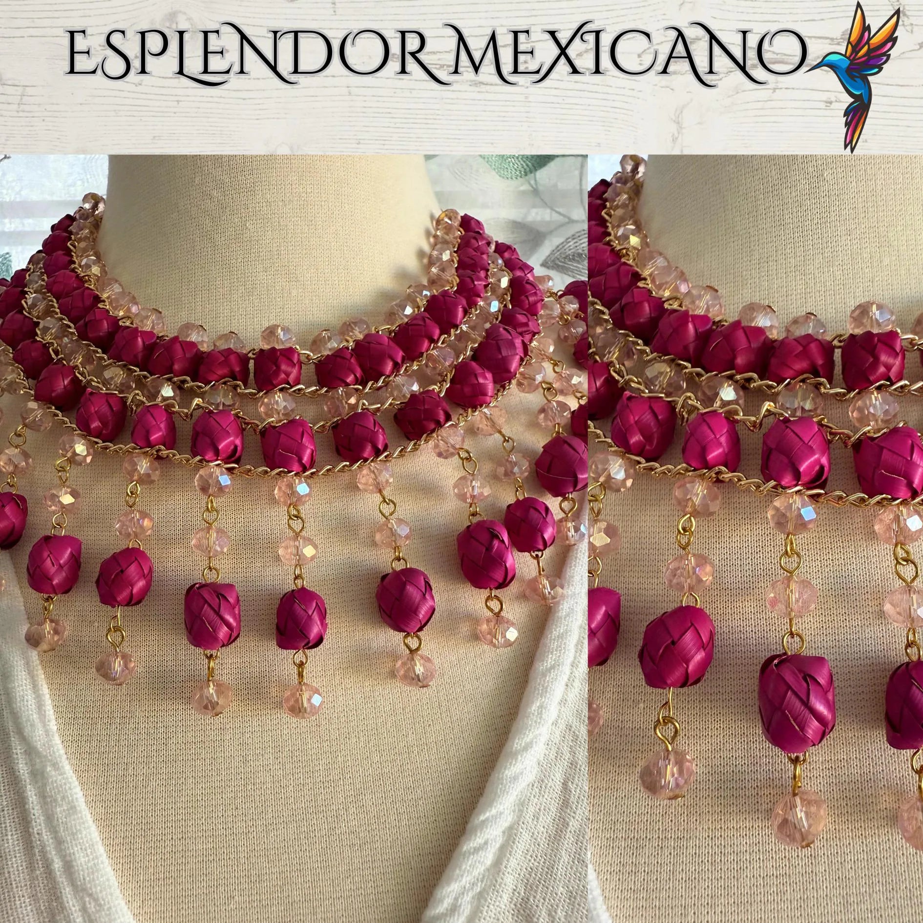 🩷 Pink Statement Necklace Set – Hand-Painted Palm & Beads