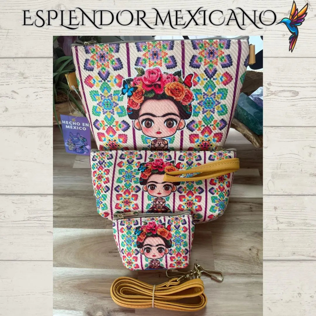 🎨 Handmade Frida Kahlo 3-in-1 Bag Set Crafted in Guadalajara, Mexico