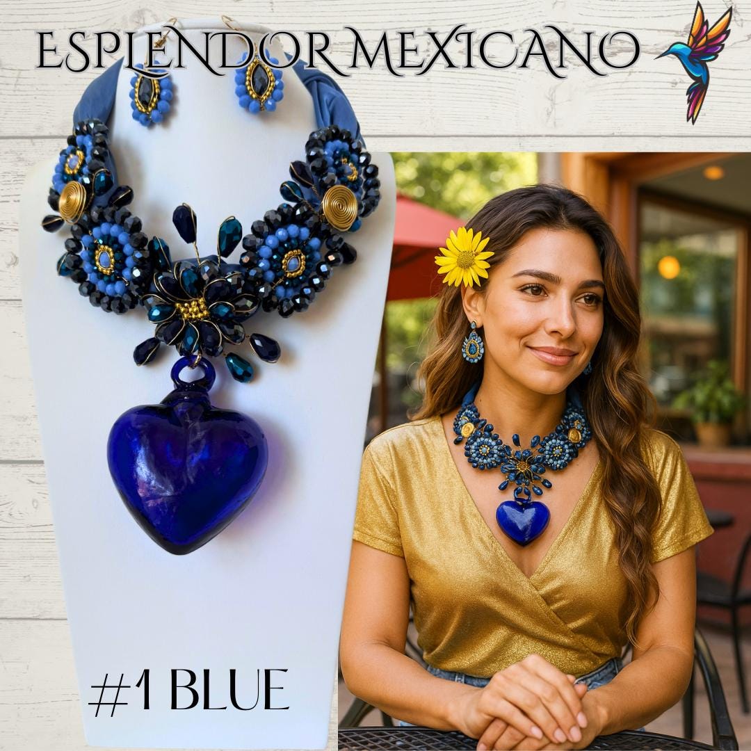 Mexican Handmade Cashmere & Wool Scarf Necklace Set with handblown Glass Heart/Artisan Made/Made in Mexico/Handkerchief with Heart Pendant