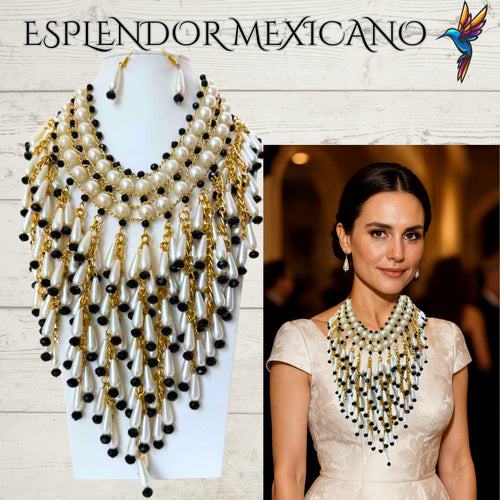 Handmade Mexican Faux Pearl and Glass Beads/Necklace Set with Earrings/Gold toned necklace/Artisan/Boho/Made in Mexico/Hecho en Mexico/Gift