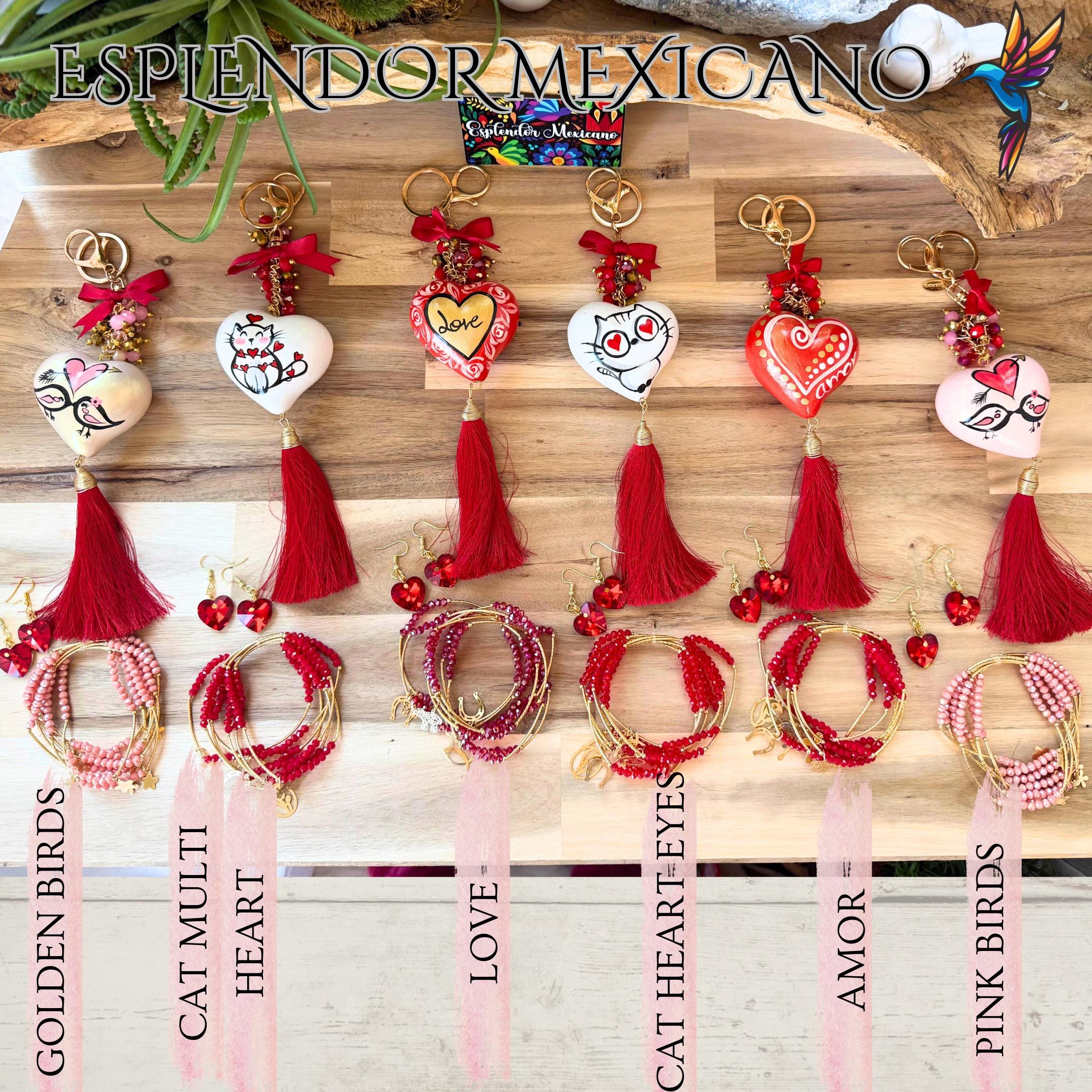 Mexican Artisan Handmade Handpainted Beaded Ceramic Heart Keychain with Bracelet Set and Earrings/Semanario con llavero/Gift/Regalo