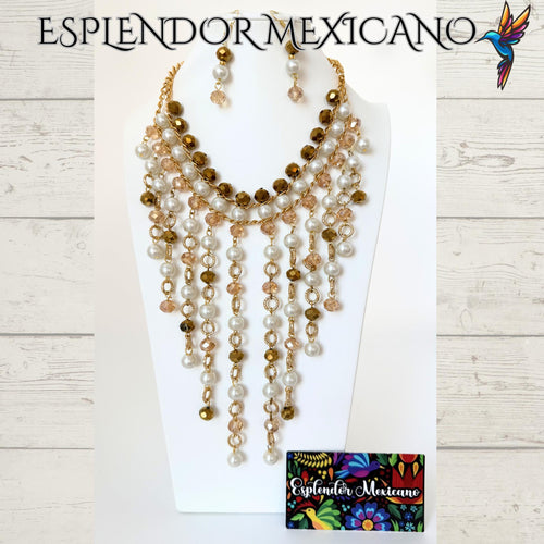 Handmade Mexican Artisan Cascading Handmade Faux Pearl and Glass Beads/Necklace Set with Earrings/Hecho en Mexico/Collar Cascada con Aretes