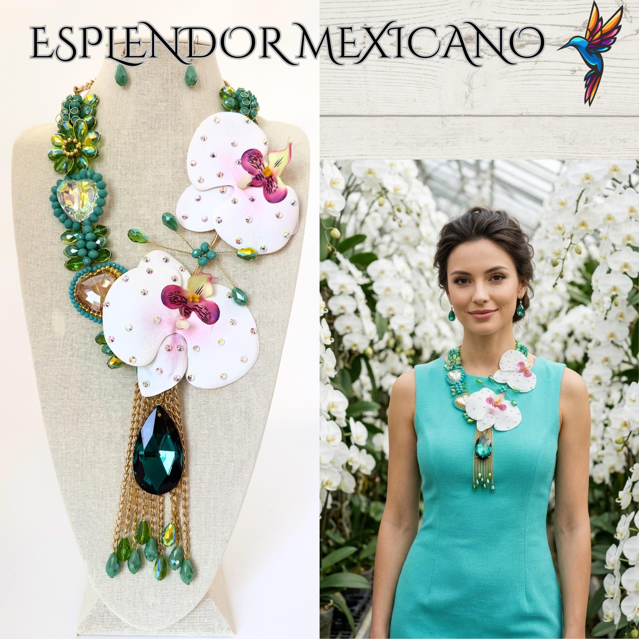 Mexican Artisan Handmade Orchid Necklace Set with Earrings/Green Teal & Gold toned/Made in Mexico/Hecho en Mexico/Collar de Orquídeas/Flower