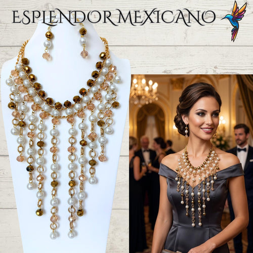 Handmade Mexican Artisan Cascading Handmade Faux Pearl and Glass Beads/Necklace Set with Earrings/Hecho en Mexico/Collar Cascada con Aretes